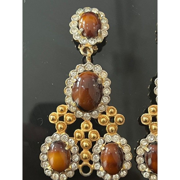 Vtg KJL Chandelier Earrings Clip on Brown Cabochon Rhinestone Dangle 60's - Picture 4 of 11